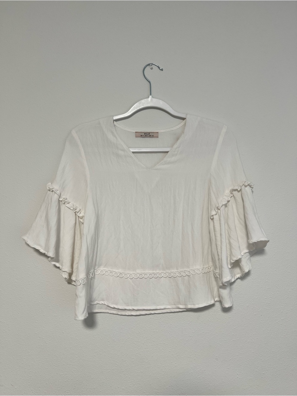 Mille White V-Neck Short Ruffle Bell Sleeve Top